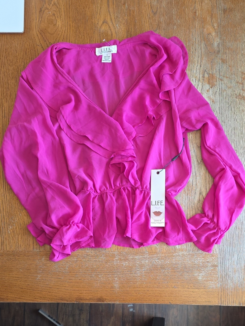 LIFE Love Is For Eternity Fuchsia Pink Ruffle Peplum Blouse Sheer V-Neck Size M